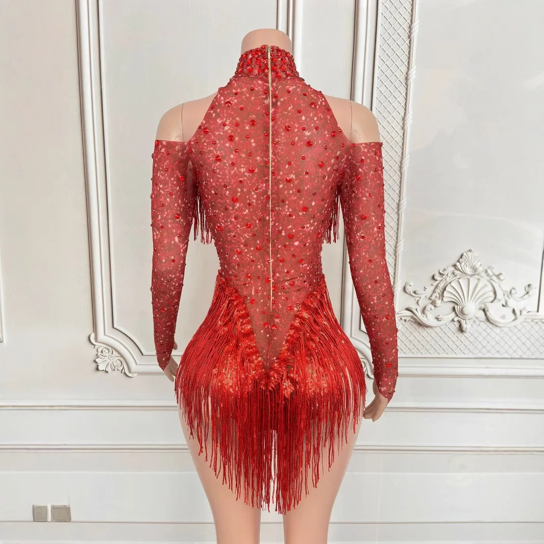 เครื่องแต่งกายไนท์คลับบาร์เพชรSequins Fringedตาข่ายOnesiesนักร้องหญิงรุ่นCatwalk Vestido De Mujer Para Bodas Invitada