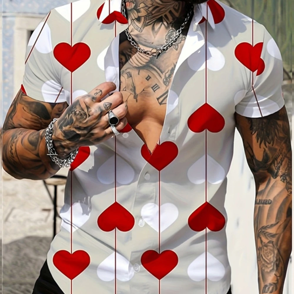 Casual Men's Shirt Heart-shaped Printed Retro Fashion Short Sleeved Lapel Men's Shirt Daily Street Beach Vacation Top Shirt