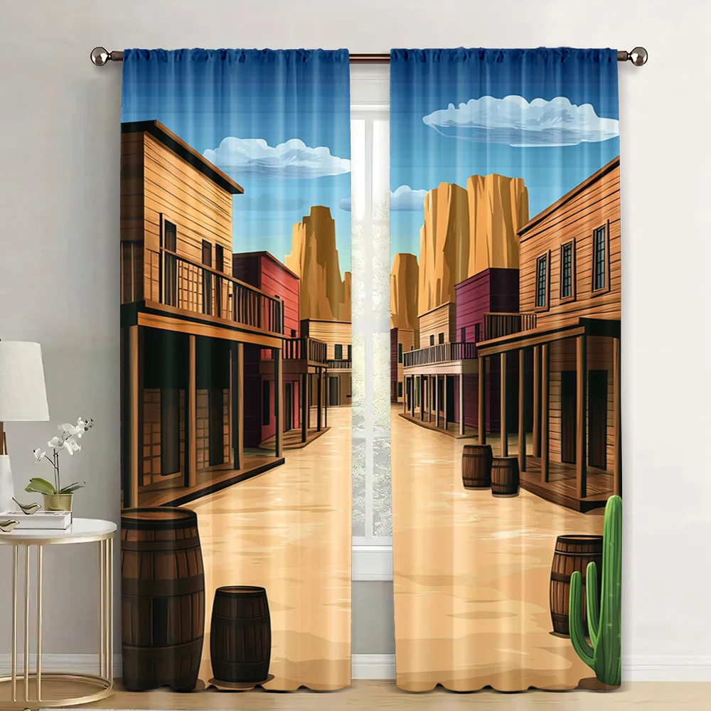 2Pcs Western Curtains Cartoon Old Western Town Shops Store Street Old Style Print Living Room Bedroom Window Drapes_ai5