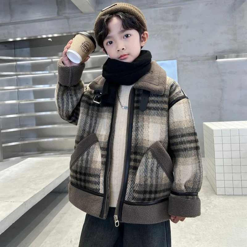 

Новинка 2023 года, осенне-зимнее утепленное твидовое пальто на флисовой подкладке для мальчиков, детская зимняя хлопковая стеганая куртка среднего и большого размера