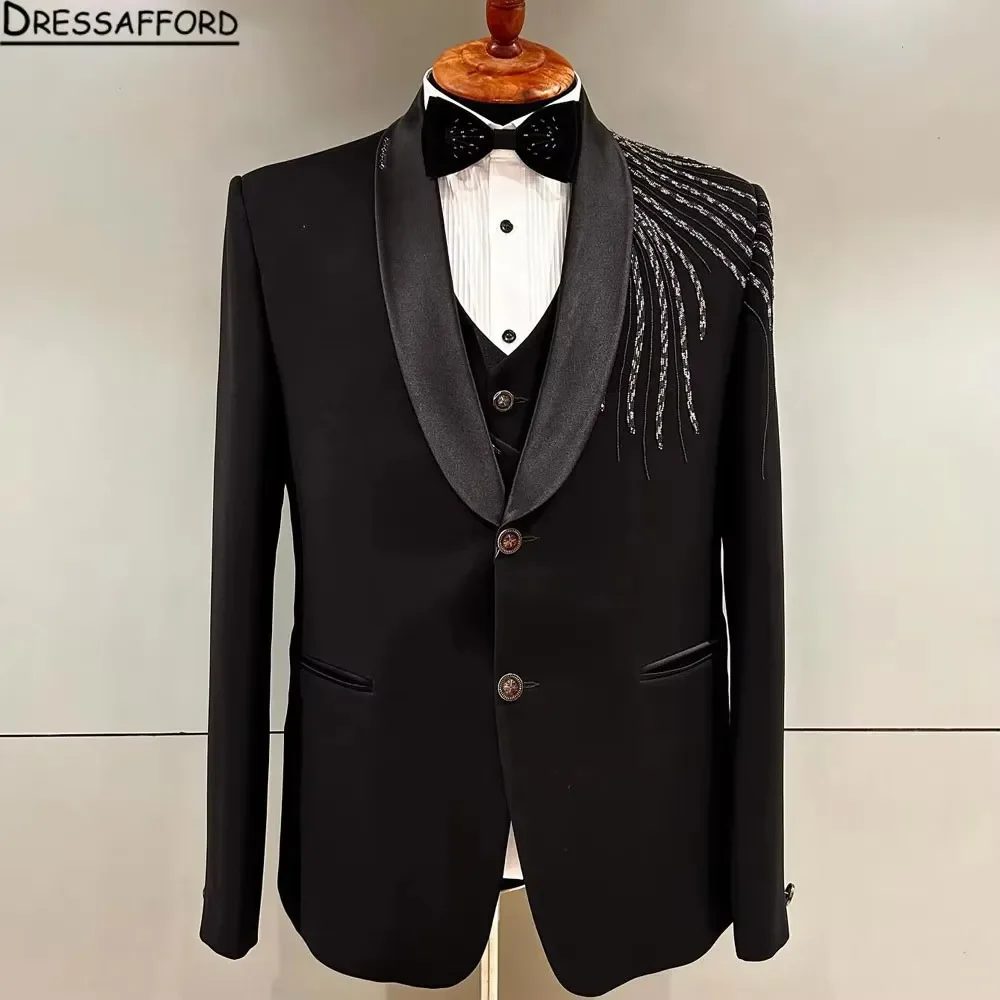 Black Blazers Men Suits Beading Fashion Banquet 2 Piece Business Jacket Pants Trousers