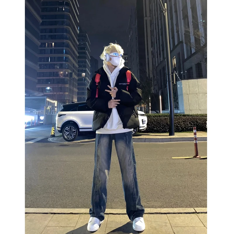 

Retro Gradient Splicing Men's Jeans High Street Wide Leg Straight Cut Long Trousers Trendy Youth Polyester Fiber Casual Pants