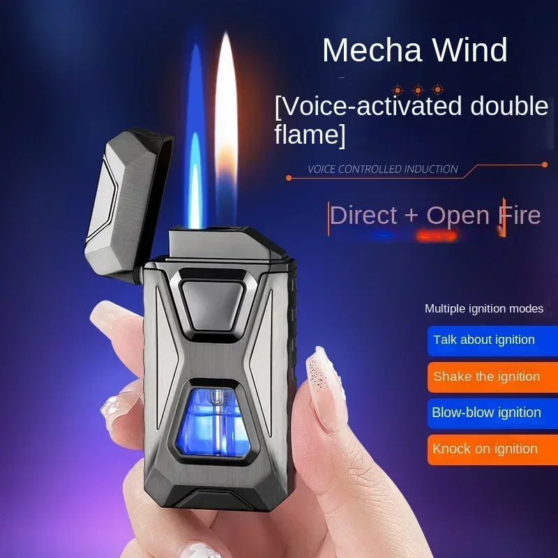 Intelligent Voice Controlled Transparent Air Window Recyclable Inflatable Lighter Windproof Dual Flame Lighter Smoker Gift