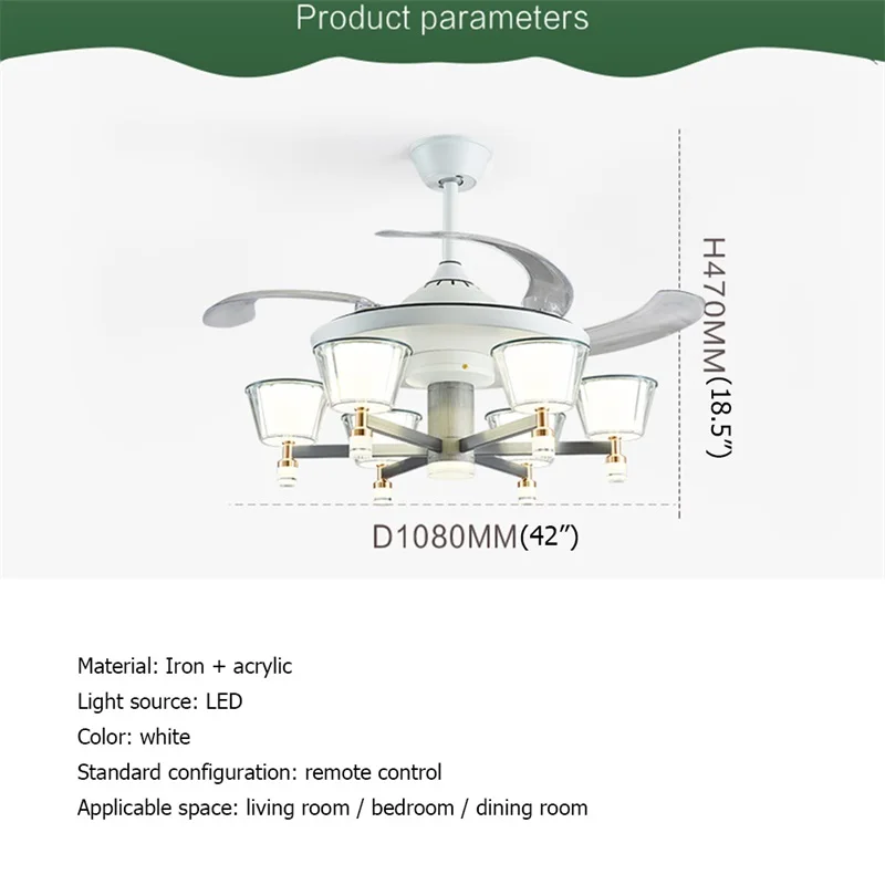 TYLA Lamp With Ceiling Fan White With Remote Control Invisible Fan Blade LED Fixtures Home Decorative For Living Room Bedroom