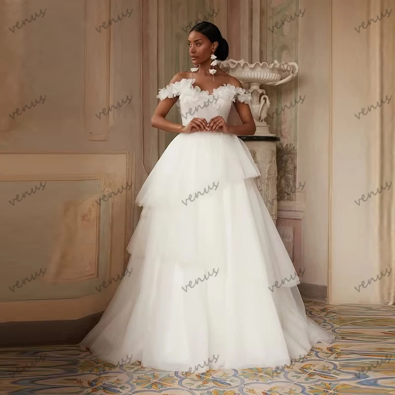 

Очаровательные свадебные платья А-силуэта из тюля с многоярусными оборками, кружевными аппликациями и открытыми плечами, индивидуальный пошив (Vestidos De Novia)