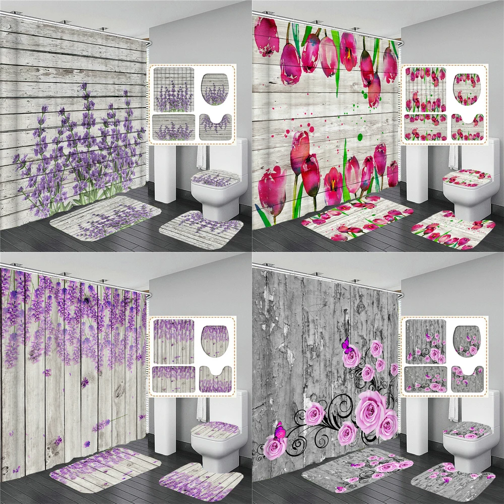 Plank lavender Pattern Shower Curtain Set Toilet Cover Rug Carpets Non-slip Kitchen Bath Mat Wooden Board Bathroom Sets Decor