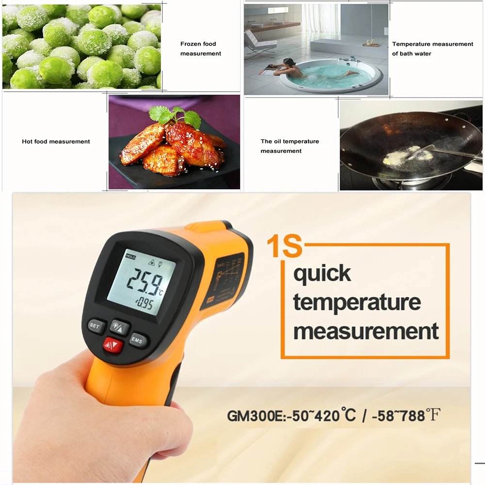 RZ الأشعة تحت الحمراء ميزان الحرارة عدم الاتصال عالية الدقة LCD يده مقياس الحرارة GM300E -50-420 ℃/ -58 -788 ℃ لا أداة الاتصال