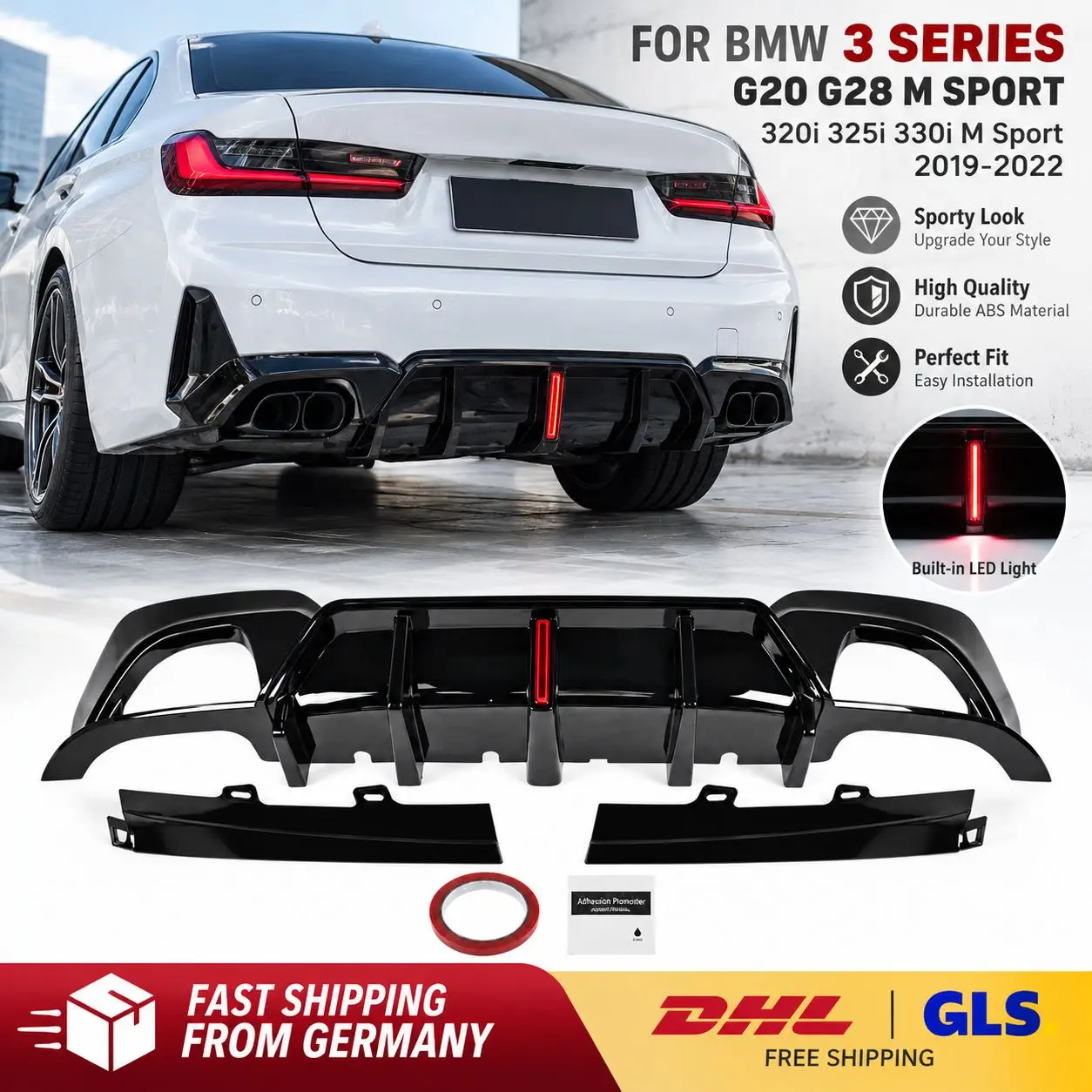 Heckdiffusor für BMW 3er LCI G20 G28 M Sport 320i 325i 330i M Sport 2019-2022 mit LED-Licht, Heckstoßstangen-Spoiler, Diffusor, Splitter, Lippe, Karosserie-Kit, Tuning