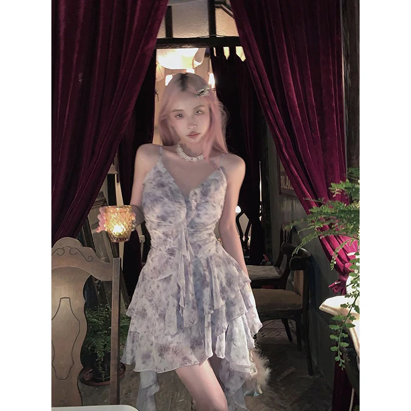 Dolce stampa floreale Mini abito da donna Y2K Vintage Party Ruffles Camis Dress Moda coreana Sexy cinturino per spaghetti Abiti estivi