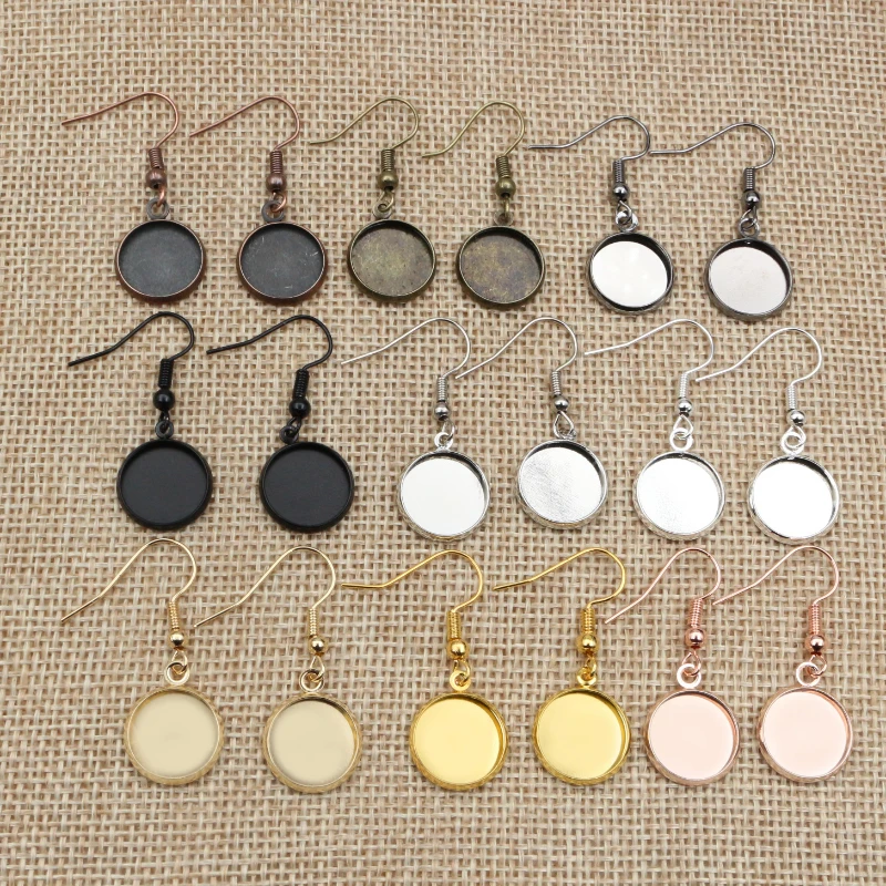 10pcs 12mm Tray Bezel Cabochon Earring Hook Blank Setting Round Pendant Ear Base Findings For DIY Glass Cameo Jewelry Making