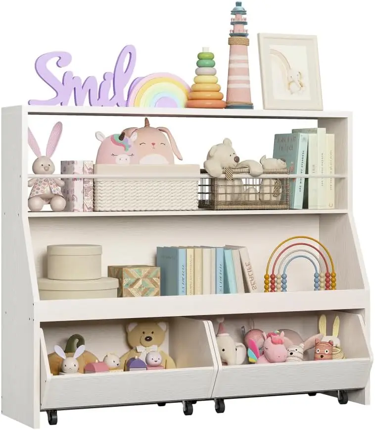 

IRONCK Toy Storage Organizer, Kids Bookshelf with 2 Movable Cubby Drawers, Top Toy Storage with Crossbar, Storage Cabinet