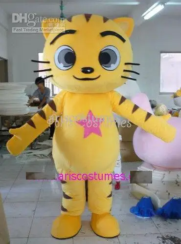 Mascote dos desenhos animados fantasia de pelúcia para adultos, boneca gato amarelo bonito, vestido extravagante, mascote de Halloween, venda quente, venda nova, quente