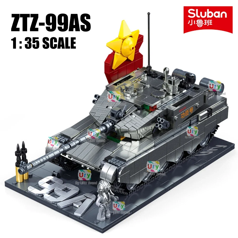 Sluban WW2 Military Army ZTZ-99AS Main Battle Tank With Metal Coating Soldier 1/35 Scale Sets Building Blocks Toys For Boys Gift