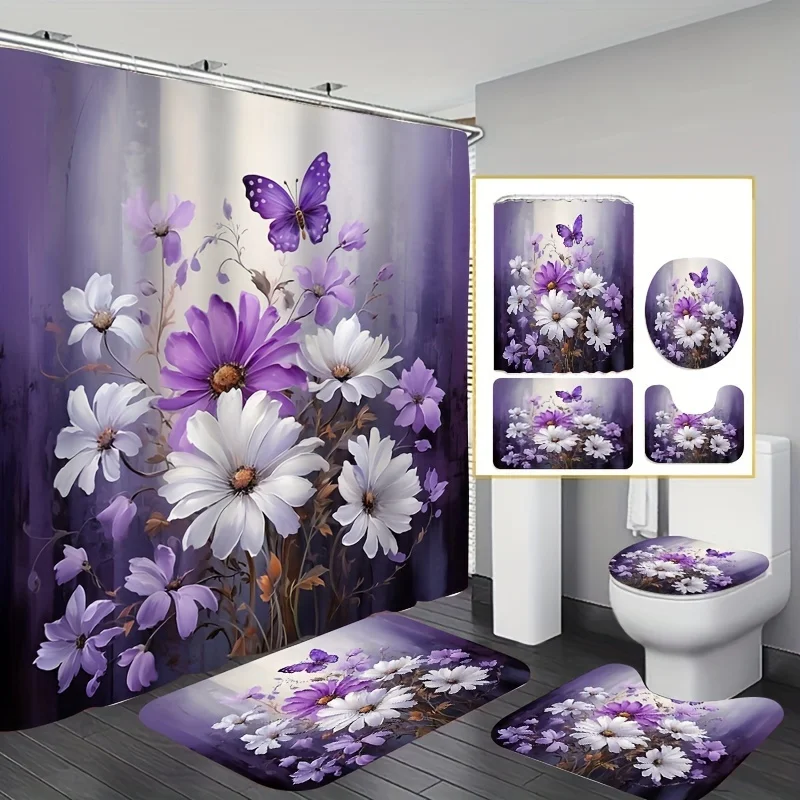 1/4pcs Small Fresh Purple Floral Print , Decorative Bathroom Set Includes Waterproof Shower Curtain, Non-slip