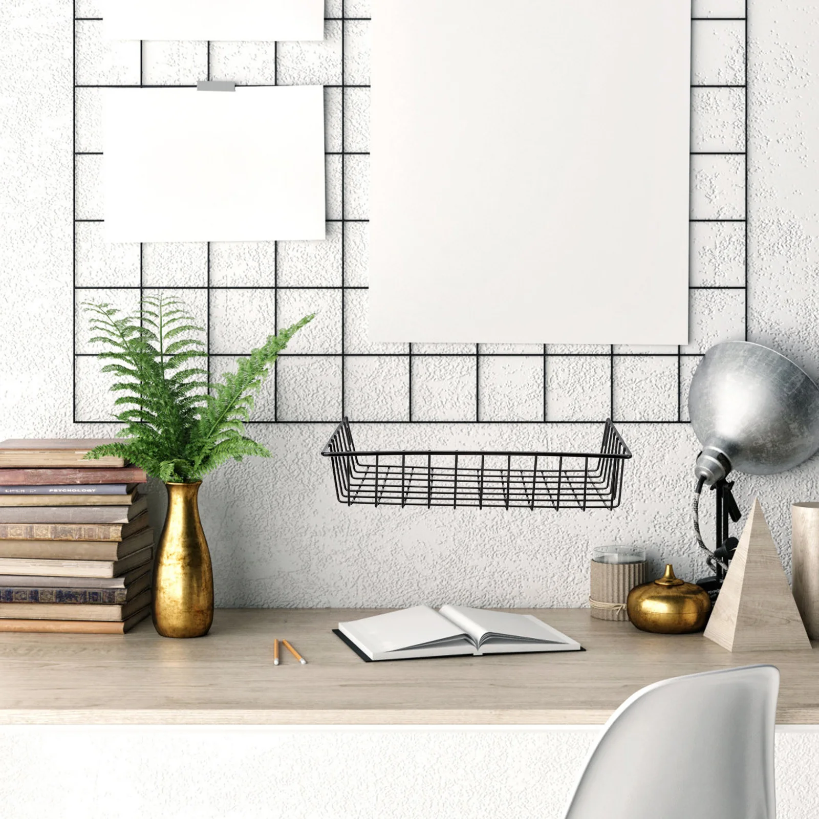 

2Pcs Nail-Free Hanging Wire Storage Basket Rustproof Iron Grid Wall Basket Organizer for Kitchen Bathroom Living Room Office