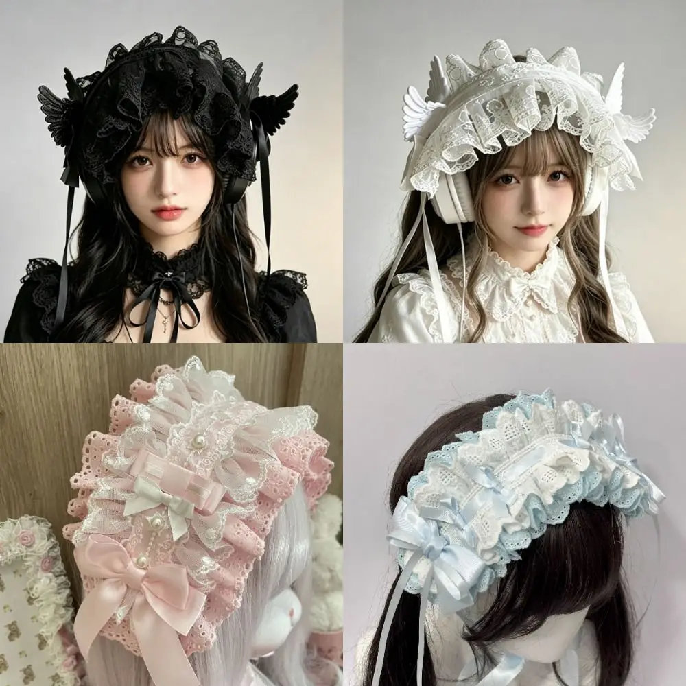 New Lace Lolita Wing Angel Headband Gothic Ribbon Bowknot Cosplay Headdress Sweet Head Wrap Women