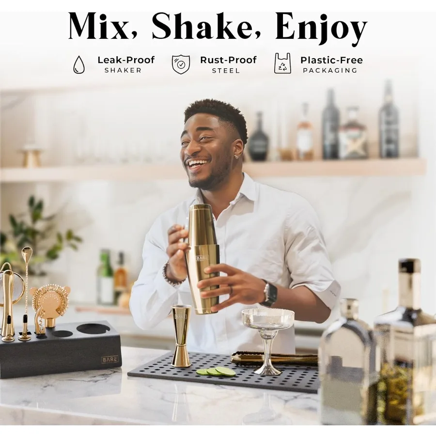 Барменский набор Барный набор |   Набор коктейлей из 14 предметов |   Инструменты для смешивания посуды Martini для дома |   Шейкер Boston на (28 унций, золотой/черный)