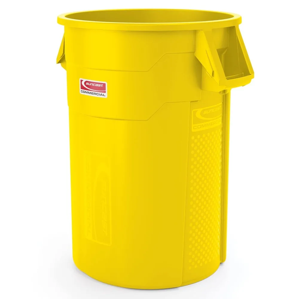 

Commercial Products 44 Gallon Trash Can with Vented Channels, Ergonomic Handles, Rolled Upper Lip, Made in The USA, Yellow