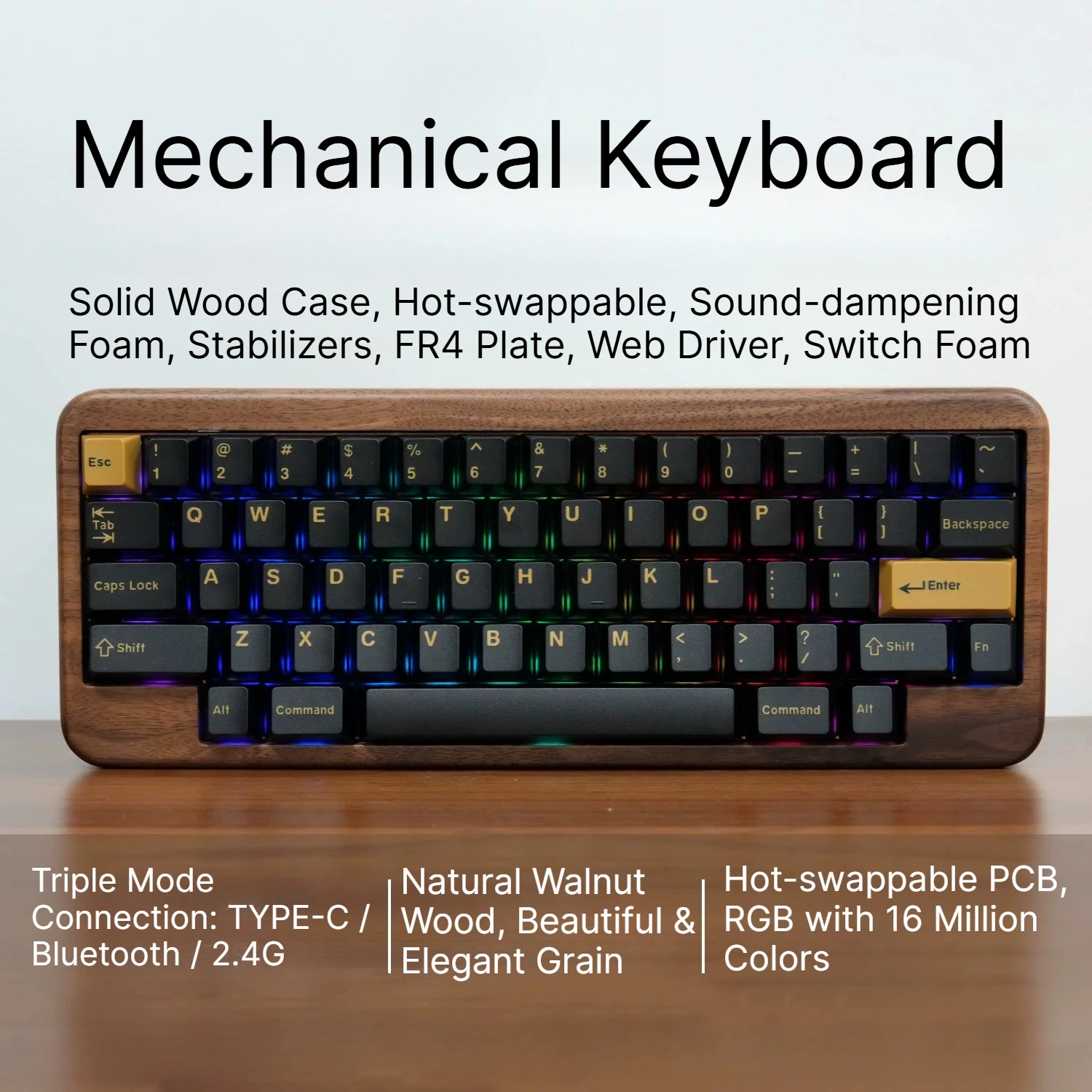 Teclado Mecânico HHKB Layout Personalizado Nogueira Tri-Modo Com Fio Bluetooth Hotswap RGB Ergonômico para E-sports, Jogos e Escritório