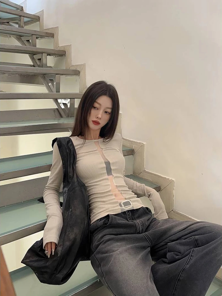 2026 Summer Fashion New Women's Design Sense Spicy Girl Hollow Top Long Sleeved Temperament Street Style T-shirt