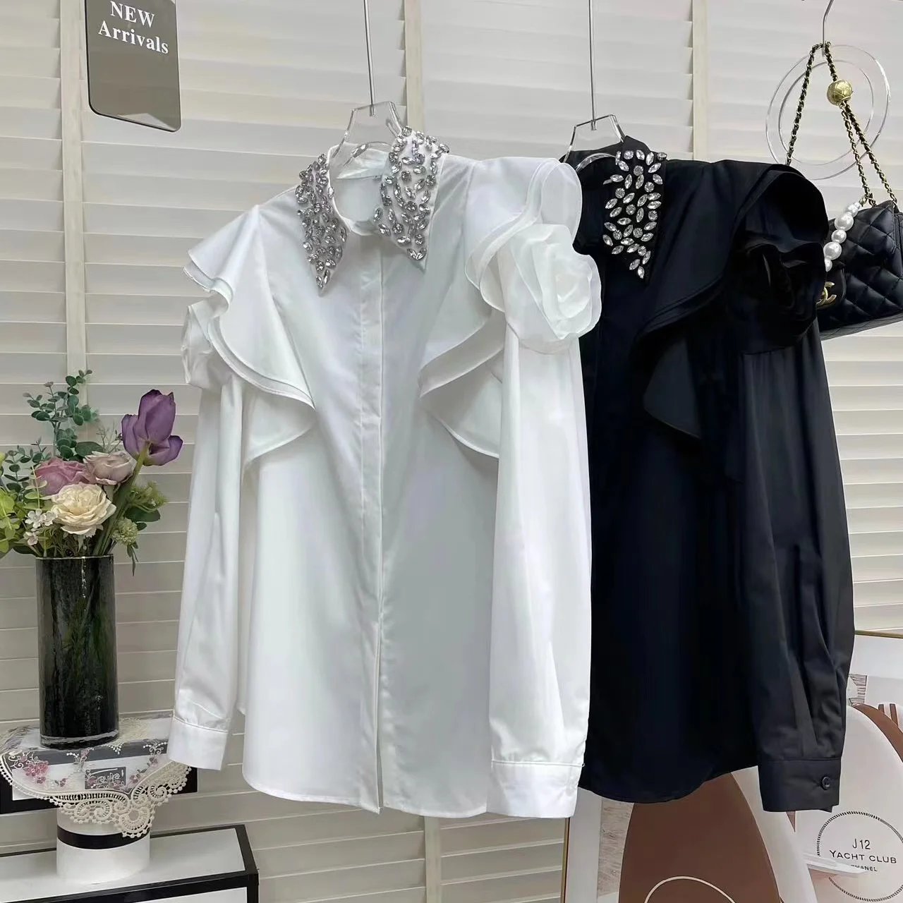 Camisas De Mujer Women Diamonds Ruffles Shirts Blouses For Women 2024 Autumn Long Sleeve Single Breasted White Black Tops Blusas