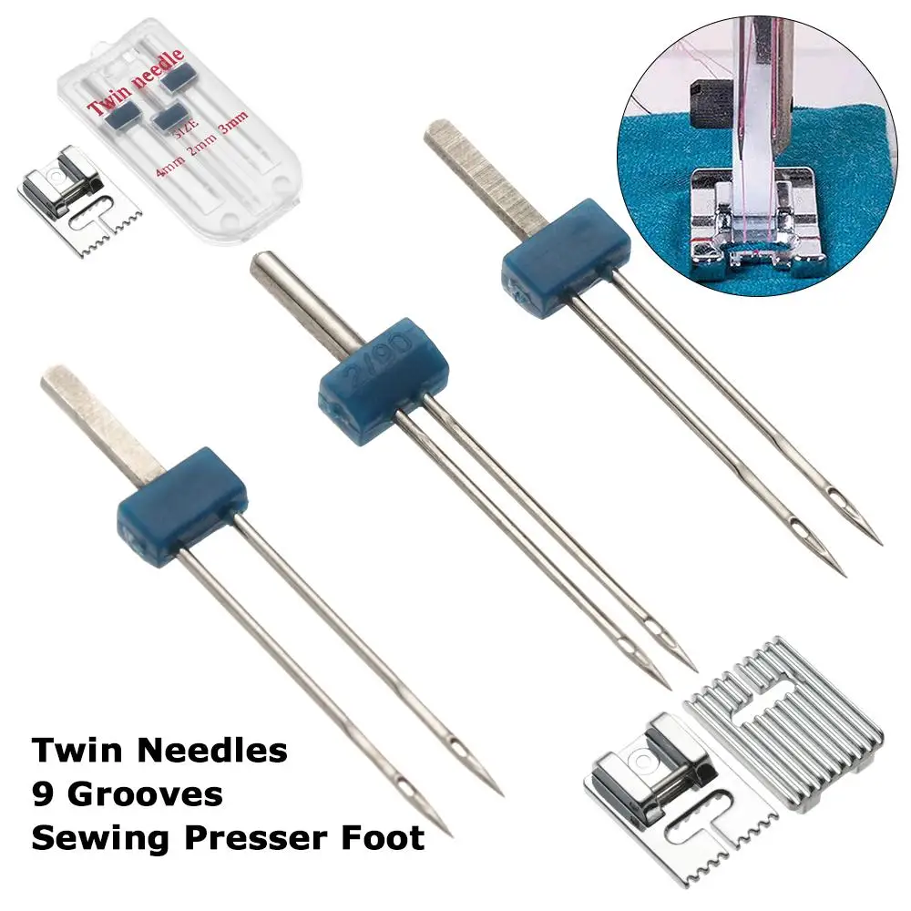 Kit 2/90 3/90 4/90 Household Tools Wrinkled Presser Foot 9 Grooves Sewing Machine Fittings 3 Sizes Twin Needles