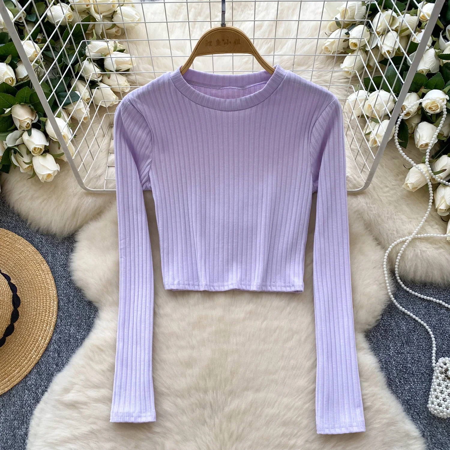 Hotsweet Vintage O-neck Elegant Long Sleeves Chic Vertical Grain Slim Top Korean Streetwear High Street Autumn Basics T-shirts