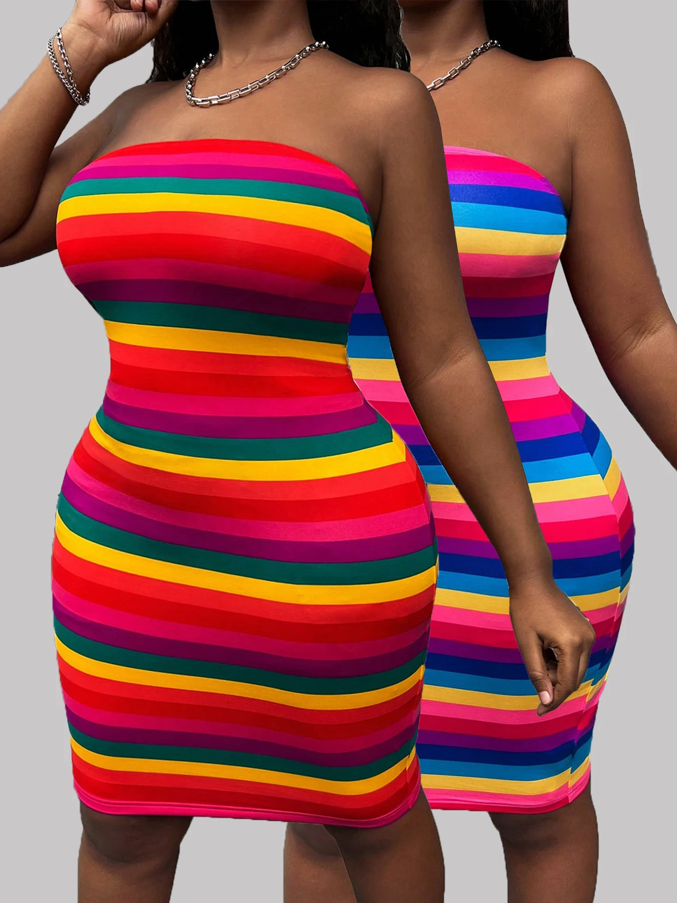 

Fashionable new rainbow dopamine color strapless hip-hugging plus-size dress 2-piece set