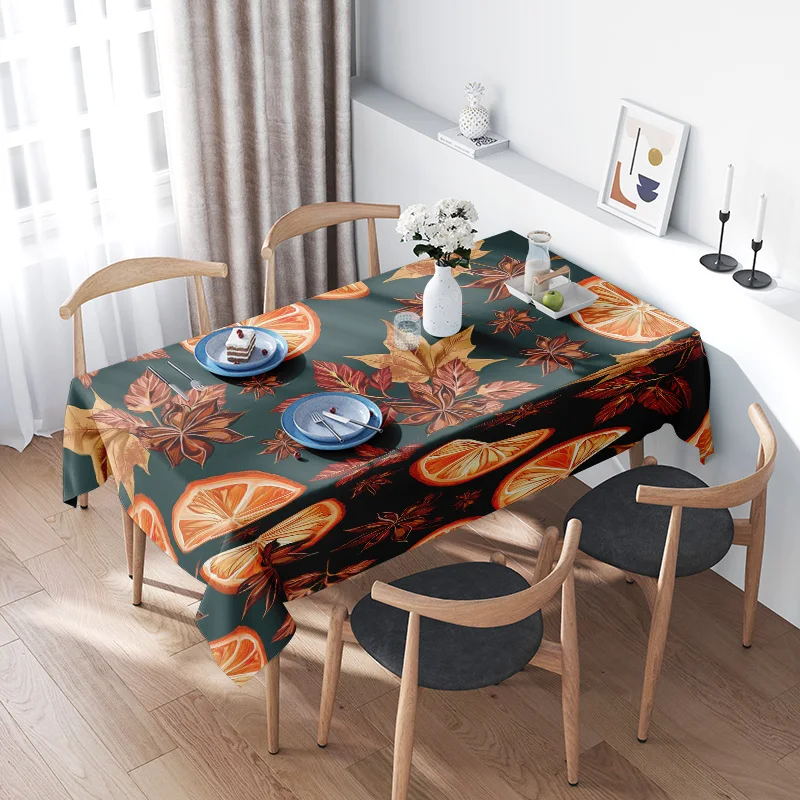 Autumn Leaves Tablecloth Orange Slices Floral Design Green Fabric Restaurant Dining Decorative Cover for Home