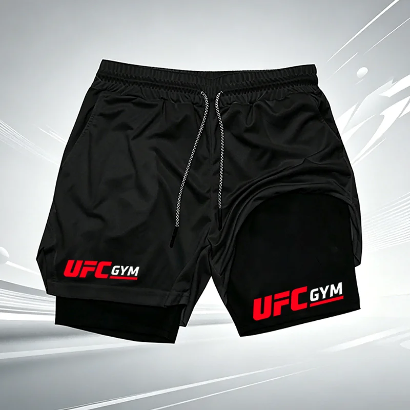 Men's UFC GYM 2-in-1 Compression Shorts Quick Dry Breathable Running Gym Training Shorts with Built-in Liner and Logo