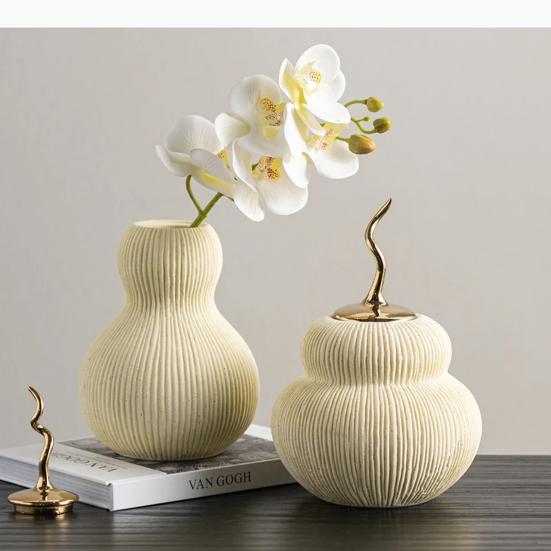 Gourd Shape Flower Vase Ceramic Storage Streak Artificial Hoist Airtight Flower Pot Home Decoration Accessories