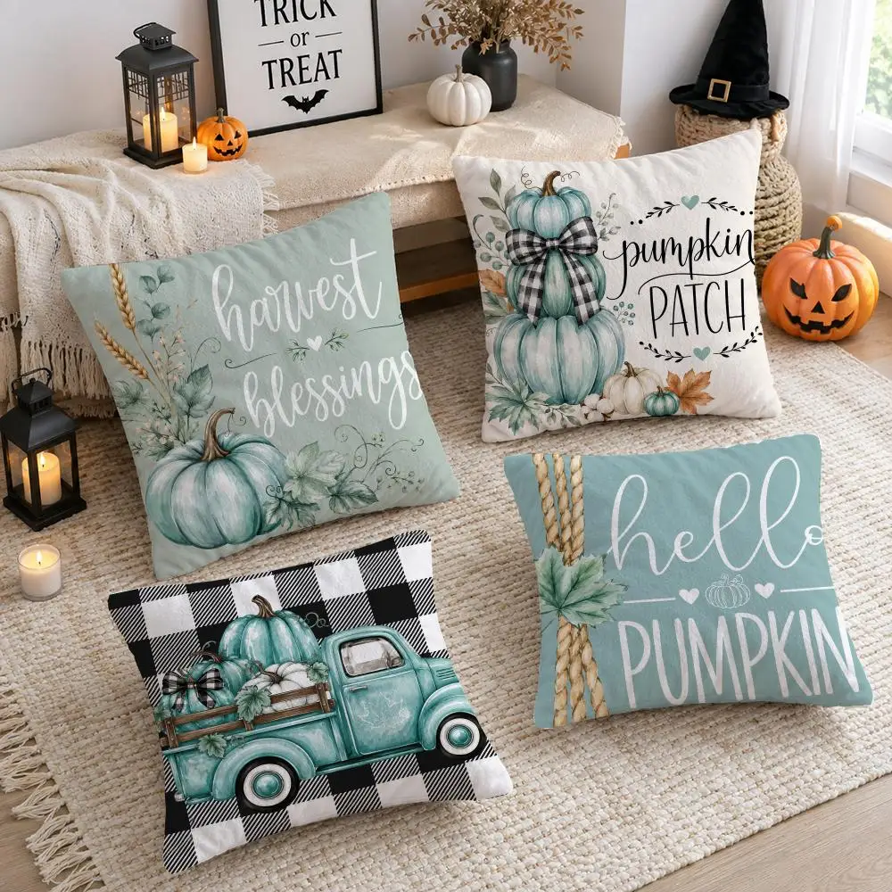Fall Thanksgiving Blue Pumpkin Cushion Cover Soft Short Plush Double-Sided Printing Home Decor Machine Washable Pillow Case Gift