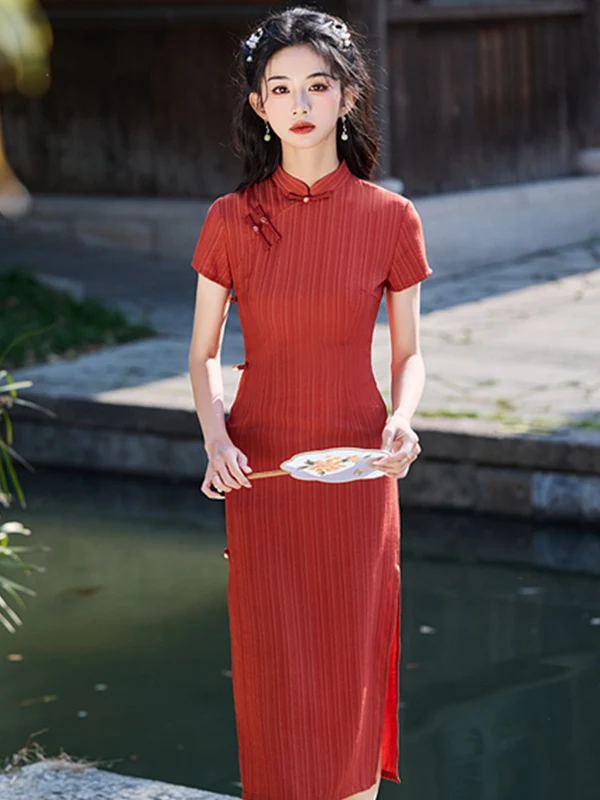 

New Chinese Sle Young Model Mid-Length Wedding Dr for Engagement Parties Slimming Stripes Summer New Arrival