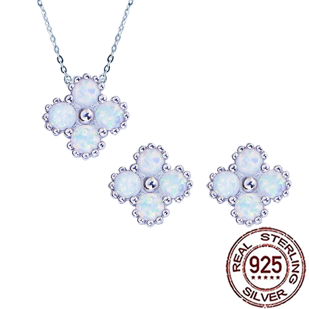 QooLady 925 Sterling Silver Four Leaf Clover Synthetic Opal Pendant Necklace Lucky Stud Earrings for Wedding jewelry Set ST107