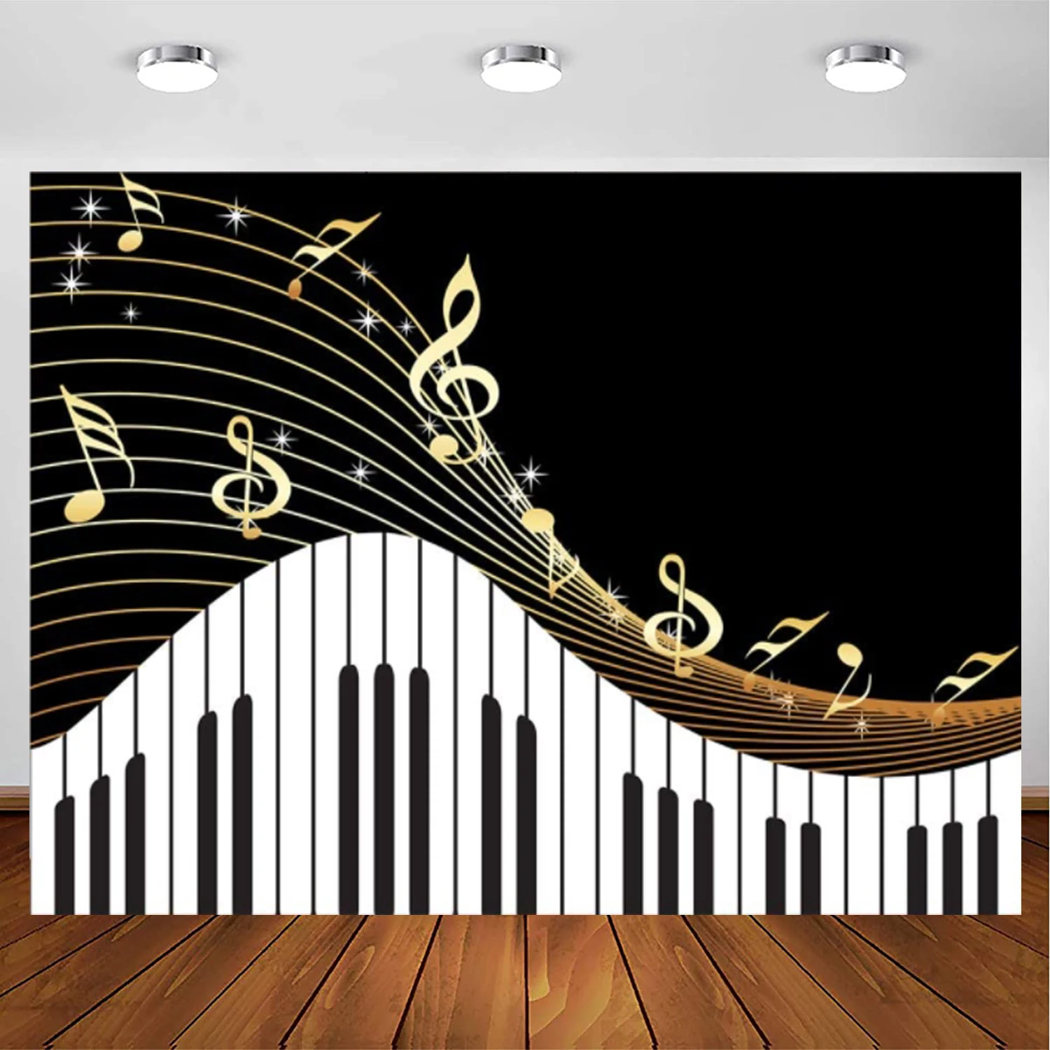 

Piano Theme Photography Backdrop For Golden Musical Notes and Piano Keyboard Background For Kids Birthday Party Art Studio Photo