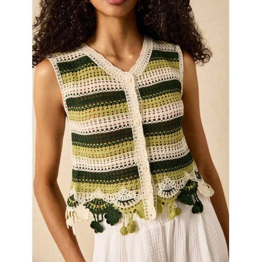 

Summer New Sle Striped Color Blo Weaving Hollow out V-Ne Open Cardigan Vest Cotton Blend ort Length Thin Model