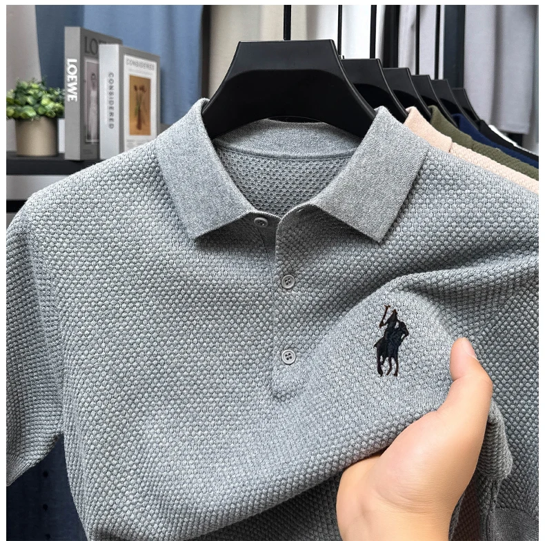 تي شيرت قطني بياقة 2025 صيفي فضفاض للأعمال بأكمام قصيرة وتطريز كاجوال للرجال