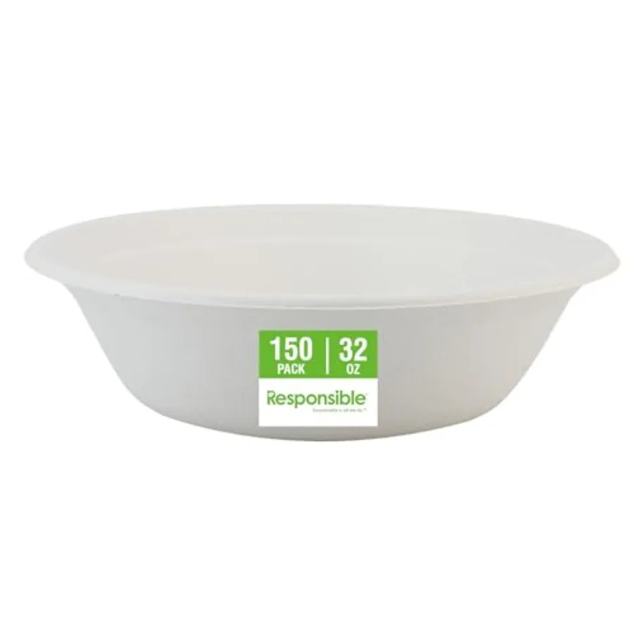 Molded Fiber Bowls, Tree-Less™ Compostable Molded Fiber Bowls, Extra Strength, Tree-Free and Made Without PFAS,32 oz (150 Count
