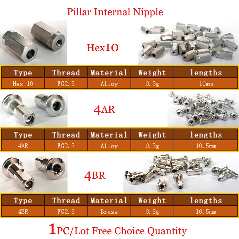 1pcs/lot Pillar internal Bike Spoke Nipple 14G( FG2.3) Thread HEX10 4AR 4BR Hidden Hexagon or Round Alloy or Brass 10 or 10.5mm