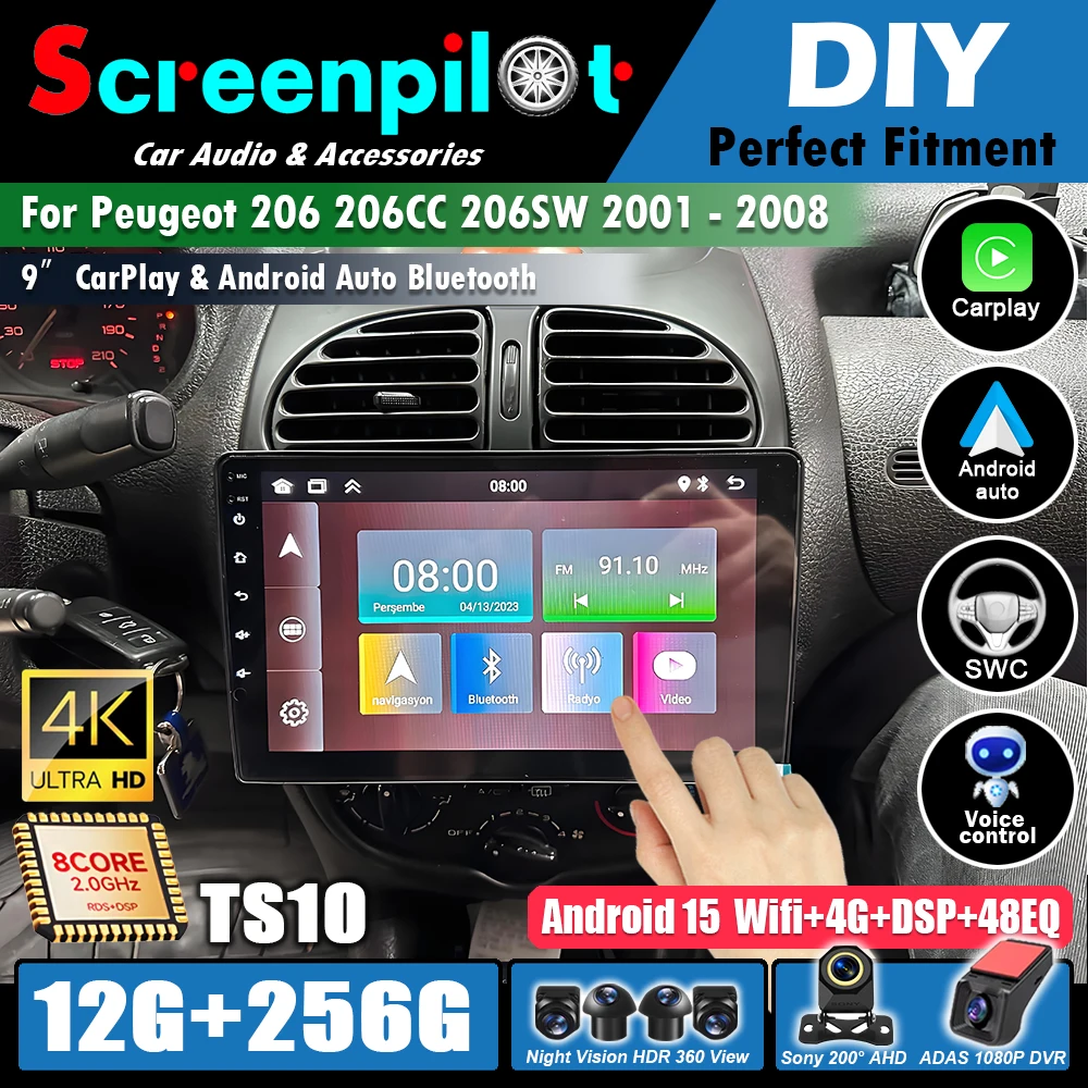 Radio para Auto Android 16 para Peugeot 206 206CC 206SW 2001 - 2008, Reproductor Multimedia 2 Din, WIFI, FM, Android Auto, DSP, Carplay Inalámbrico