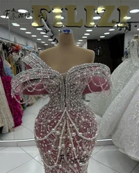 Luxury Dubai Arabic Pink Evening Dress Mermaid Pearls Crystal Beaded 3D Lace Wedding Party Dresses robe de soiree Customized