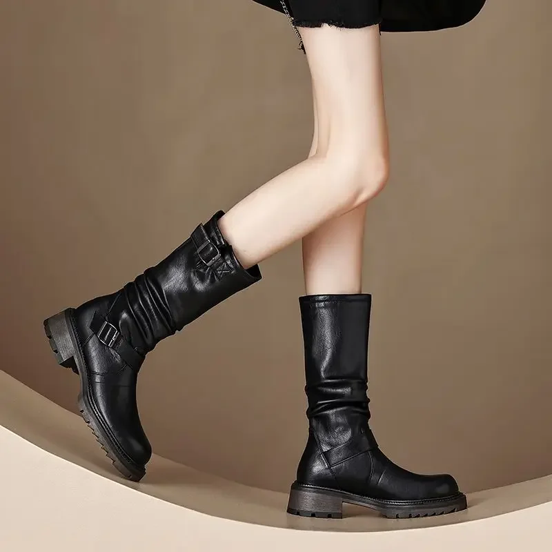 Women's Half High Boots Leather New In Autumn Spring 2024 Comfortable and Elegant Ladies Mid Calf Shoes Hot Quality Cosplay Pu