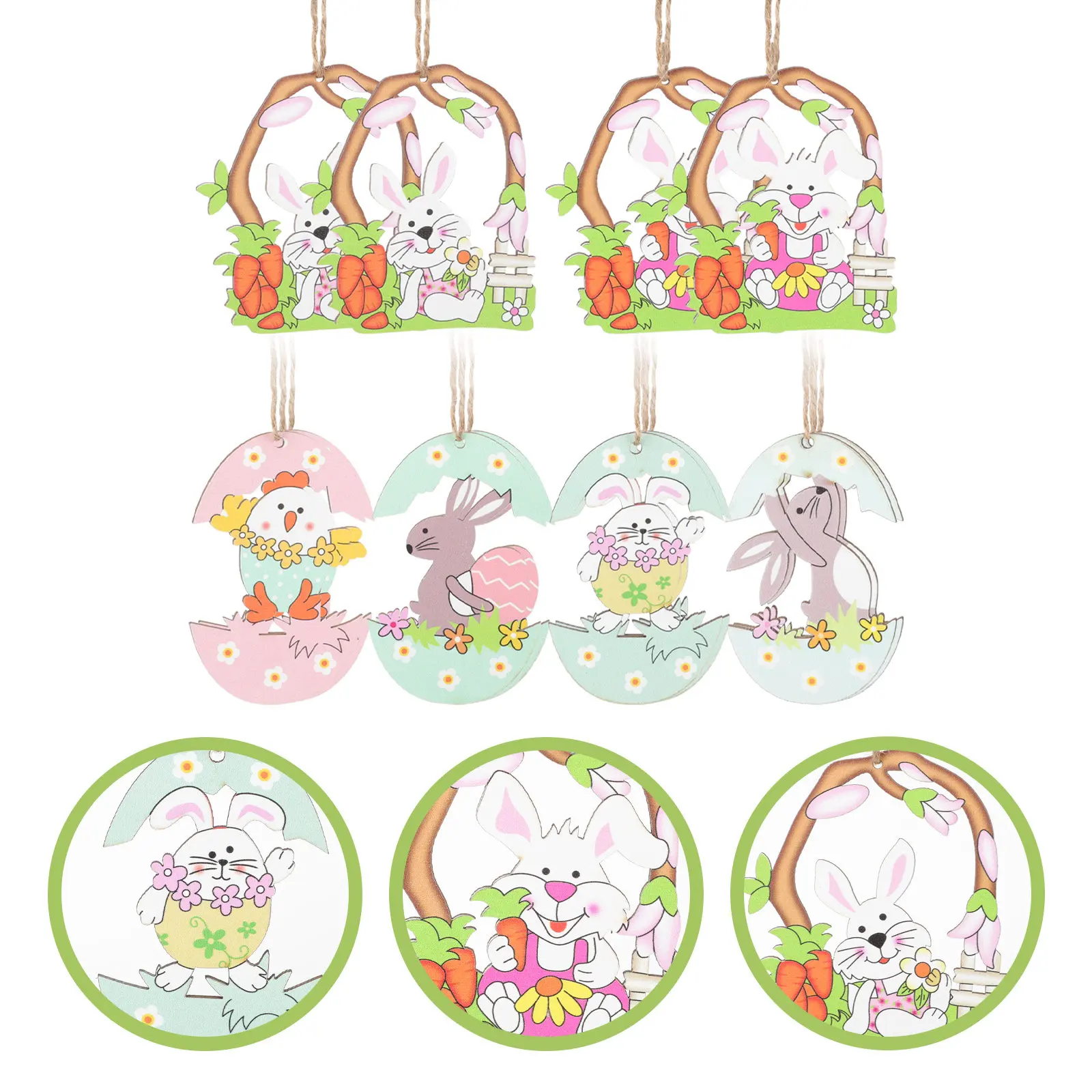 12Pcs Wooden Easter Hanging Ornaments Bunny and Chicken Design Festive Home Decoration for Wall Tree Window Door Garden Easter