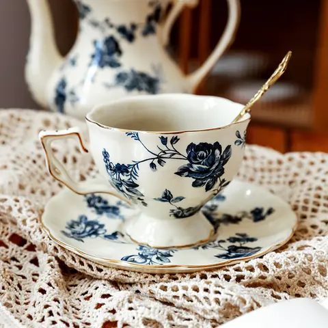 MeyJig Ceramic British Tea Cup with Plate Household High Tea Coffee Mug 250ml