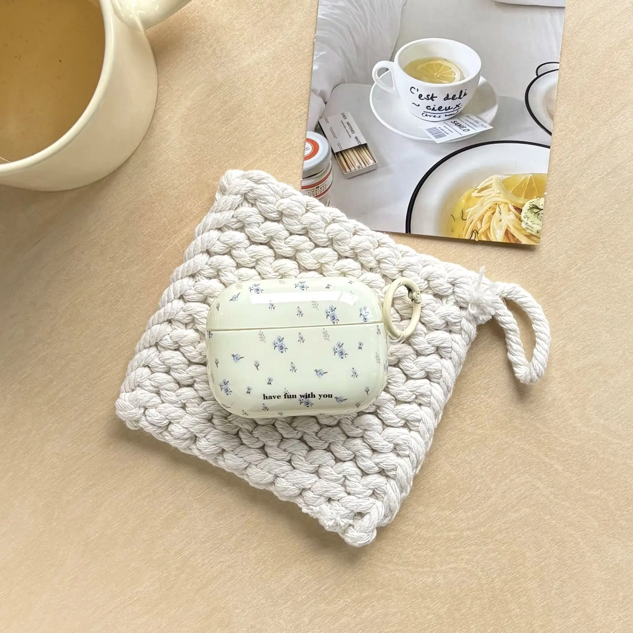 Korean-Style Simple Purple Small Floral Pattern Beige Protective Earphone Cover Case For AirPods Pro3 Pro2 1 2 3 4 5 Pro