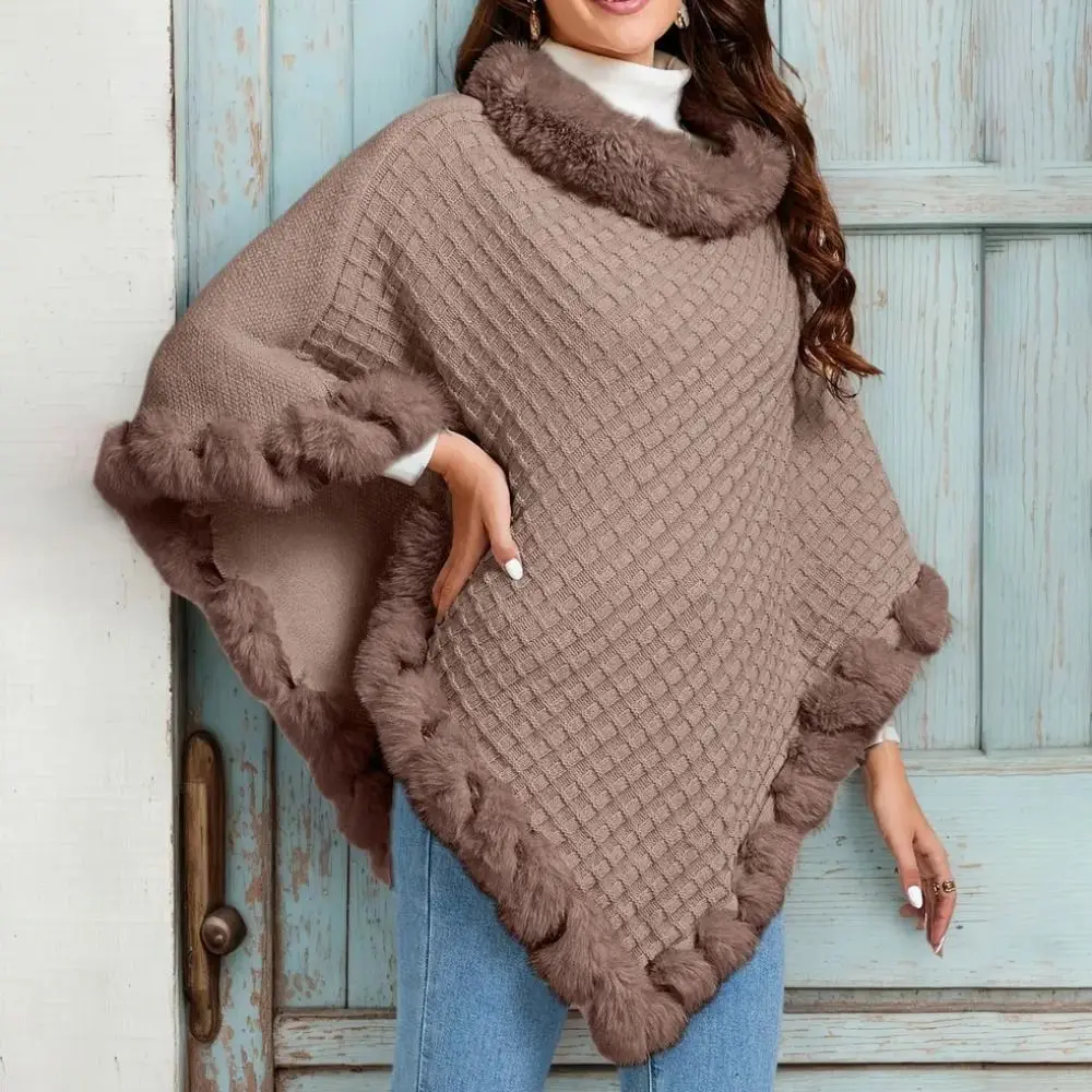 

Зимняя теплая шаль с воротником из искусственного меха в этническом стиле, нерегулярные вязаные накидки, шаль с имитацией кашемирового пальто, накладки
