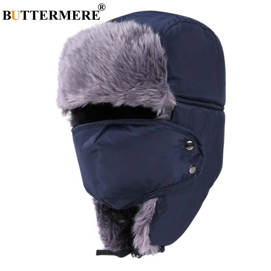 

BUTTERMERE Men Bomber Hats Red Cotton Russian Hat With Earflap Biker Mask Thicker Warm Women'S Fur Caps Male Winter Ushanka Hats