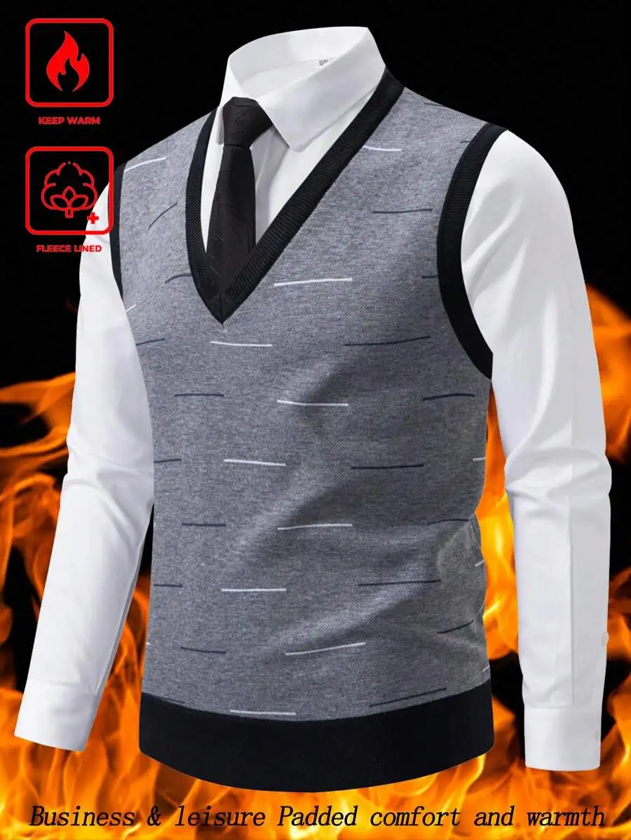 

Men's V-Neck Thermal Lined Knit Sweater Vest - Gray with Contrast Trim