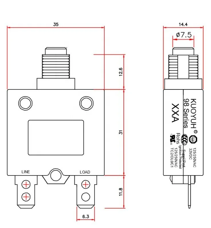 KUOYUH 98 series 3A 5A 8A 10A 12A 15A 16A 18A 20A push button reset overload protector automatic reset circuit breaker switch