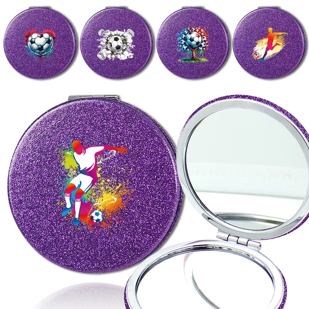 

Round Glitter Compact Mirror Double-Sided Normal & Magnifying Mirror For Purse, Travel, Gift Soccer Pattern Daily Essentials